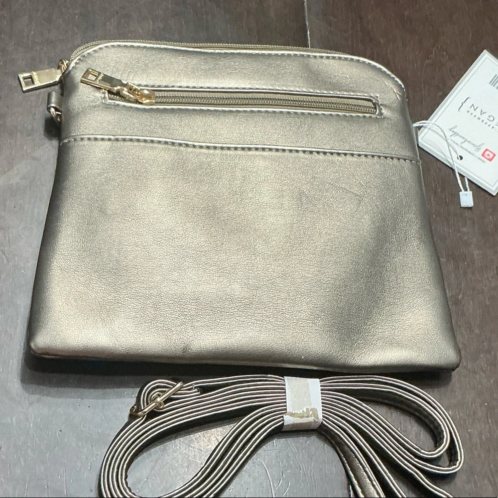 JEN & CO Metallic Taupe Crossbody Bag with Tassel Zipper